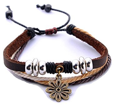 Morella Damen Armband aus Leder mit Ringen, Beads und Blumen Anhänger