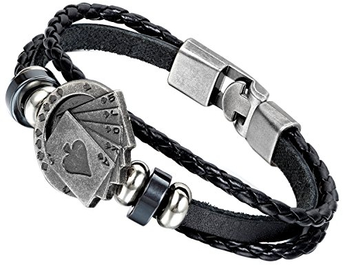 Flongo Herren Poker Armband Leder: Lederarmband Silber Schwarz Kette mit Spielkarte Karten Anhänger Armreif Pik Ass Joker 10/J/Q/K/A punk Männer Accessoires