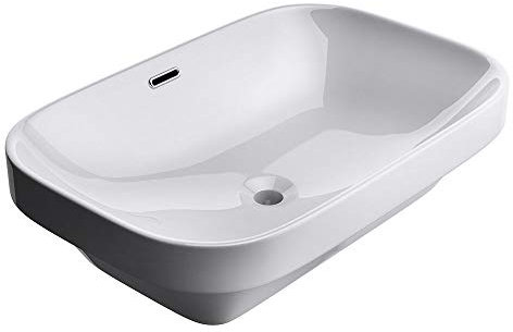 Durovin Bathrooms Semi Recessed Ceramic Basin - Self Rimming Inset Sink - Curved Rectangular with Overflow Slot - 610 x 405mm (WXD)