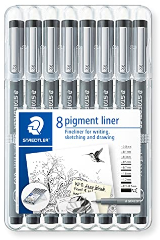 STAEDTLER schwarze pigment liner in unterschiedlichen Linienbreiten, dokumentenechte Pigmenttinte, lange Metallspitze, lange Lebensdauer, 8 Liner in 8 Linienbreiten in stabiler STAEDTLER-Box, 308 SB8