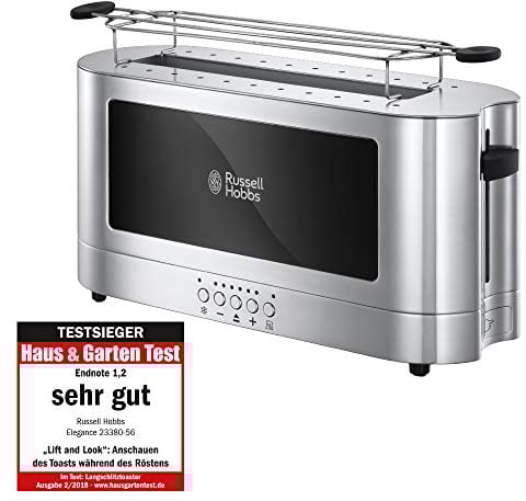 Russell Hobbs Tostapane - Design Lungo 2 fette o 1 fetta larga di pane - Vetro Elegance e Acciaio Inox; Scomparto per toast extra ampio, 6 livelli di doratura; Scongelamento; 1420W, 20370-56