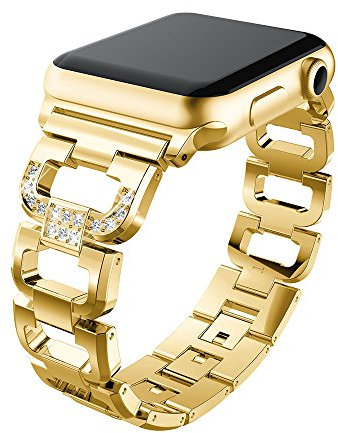 PINHEN Kompatibel mit Apple Watch 41mm 45mm Armband - Metall Edelstahl mit Kristall Diamanten Glänzend Strass Uhrenarmband Ersatz für iWatch Series 10/9/8/7/6/SE/5/4/3/2/1(41/40/38mm, Gold)