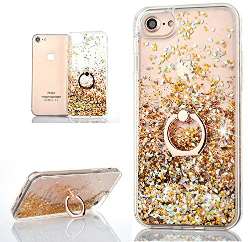 Hancda Phone Case for iPhone SE 2022 / iPhone SE 2020 /iPhone 8/iPhone 7 Case Cover Glitter Sparkle Liquid Sparkly Hard Back Transparent Silicone Clear Soft Bumper Case with Ring Holder Stand,Gold