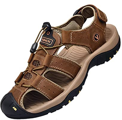 Sports Outdoor Sandals Summer Men's Beach Shoes Closed-Toe Shoes Leather Casual Trekking Walking Hiking Touch Close Strap sandals for men Brown UK11