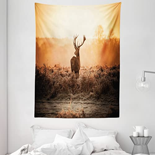 ABAKUHAUS Jagd Wandteppich, Hirsch Morgensonne, Wohnzimmer Schlafzimmer Heim Seidiges Satin Wandteppich, 150 x 200 cm, Orange Braun