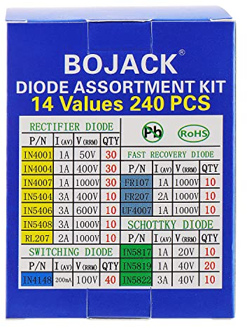 BOJACK 14 value 240 pcs Diode Assortment Kit Contain Rectifier/Fast Recovery/Schottky/Switching Diode 1N4001 IN4004 IN4007 IN5404 IN5406 IN5408 RL207 FR107 FR207 UF4007 IN5817 IN5819 IN5822 IN4148