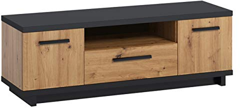 TV-Lowboard Ines RTV mit Schublade und 2 Türen, Fernsehschrank in Holz-Optik, TV Schrank, TV-Tisch, Highboard, Sideboard, Fernsehtisch, Naturtöne, TV Bank (Eiche Artisan + Schwarz / Eiche Artisan)