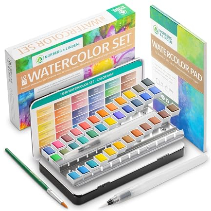Norberg & Linden Aquarellfarben-Set LG40 36 Farben in Halbnäpfchen, 12-seitiger Zeichenblock, 2 wiederbefüllbare Wassertankpinsel und 1 Zeichenpinsel wasserlösliche Pigmente in Malkasten