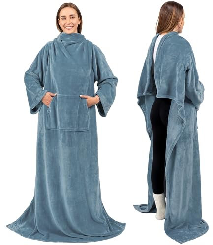 PAVILIA Premium Fleece Blanket with Sleeves for Adult, Women, Men | Warm, Cozy, Extra Soft, Microplush, Functional, Lightweight Wearable Throw (Dusty Blue, Kangaroo Pocket)