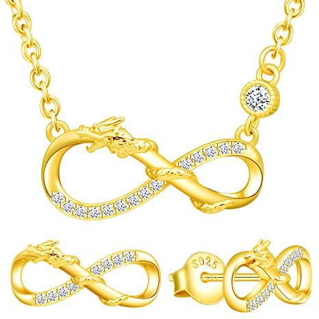 Yumilok Damen Schmuckset Halskette mit Drachen Unendlichkeit Anhänger & Damen Ohrstecker Ohrringe aus 925 Sterling Silber Gold
