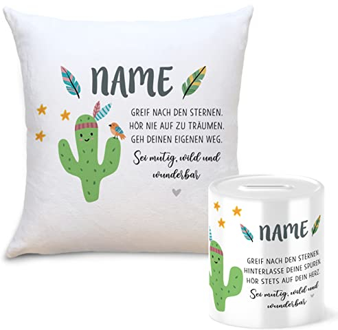 OWLBOOK Boho Kaktus Geschenkset Kinder Spardose und Kissen Personalisiert mit Namen Geschenke Geschenkideen für Kinder Baby Junge Mädchen zum GeburtstagWeihnachten Einschulung Taufe Geburt