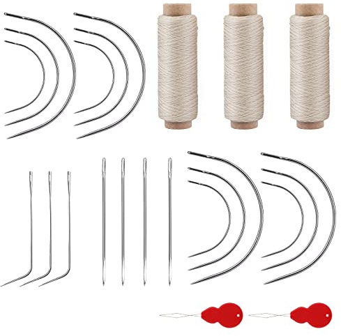 25pzs Juego Agujas Coser, Agujas Curvas Hilo Beige Coser con Enhebrador, Agujas de Costura a Mano Agujas de Coser para Hacer Pelucas Costura Trama de Pelo Extensión de Trenza