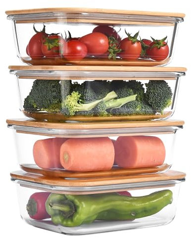 Vdomus Glass Food Storage Containers with Bamboo Lids 36.0oz/1.0L - Stackable Meal Prep Container - Airtight Glass Food Containers - Microwave, Dishwasher Safe - Reusable Lunchbox (Pack of 4)