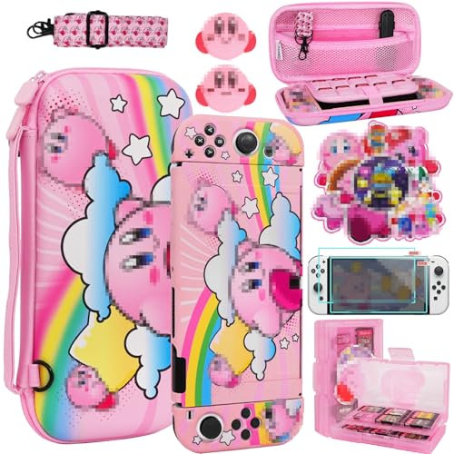 TIKOdirect Funda de transporte para Switch OLED, bonita bolsa de viaje portátil en diseño actualizado de interior rosa con funda protectora suave, protectores de pantalla y tapas de agarre para el