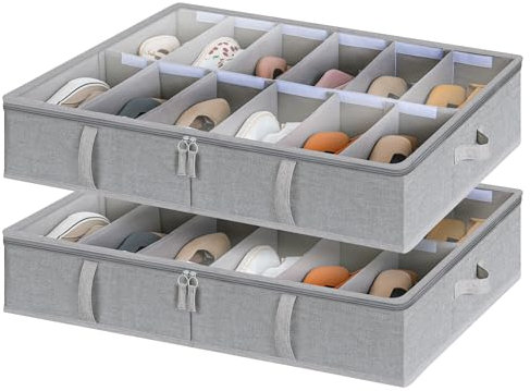StorageWorks Under Bed Shoe Storage Organiser, Space-Saving Under Bed Storage Fits up to 24 Pairs, Underbed Shoes Container with Adjustable Dividers, Shoe Storage Boxes with Cover, Grey, 2-Pack