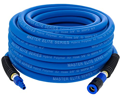 Master Elite Series 50-Foot Hybrid Polymer Air Hose with 1/4 NPT Male Ends - Universal Aluminum Quick Coupler and Plug - HD Lightweight Super Strong & Flexible 3/8 ID - Spray Gun Air Tool Compressor