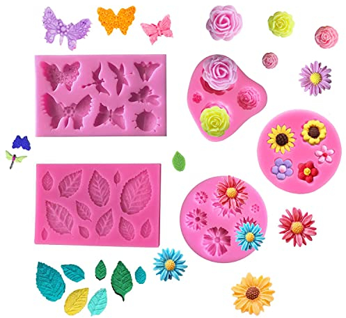 Taicols 5 Stück 3D Silikonform, Blumen Silikonform, Blätter, Rose, Schmetterling Fondant Silikonformen, Backform Silikon Kuchen Dekoration, für Schokolade, Süßigkeiten, Gelee, Seife