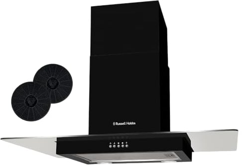 Russell Hobbs 90cm Flat Glass Cooker Hood, 3 Speed Settings, Washable Filters, ECO LED Lights, Low Noise, Extraction and Recirculation, Premium Push Button Controls, Black RHFGCH901B
