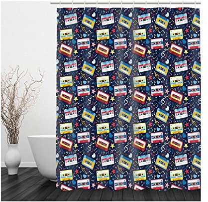 Whoiy Rideau Douche Tissus, Rideau Douche Anti Moisissure Femme Cassette Audio Note de Musique Coeur Etoiles Rideau de Douche 90x180cm, Coloré