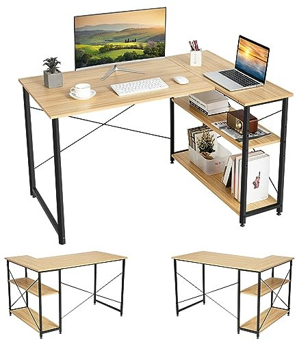 GIANTEX Scrivania Libreria da Ufficio a Forma di L, Scrivania ad Angolo con Scaffale a 2 Ripiani, Design Industriale con Ripiani Reversibili, per Casa, Ufficio, Soggiorno (Naturale)