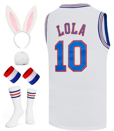 Herren Basketballtrikot Bugs #1 Lola #10 Space Movie Jersey Hip Hop Sportshirt Halloween Party Weiß XS-XXL