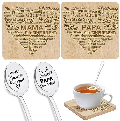 Mama und Papa Geschenke,Kaffeelöffel mit Gravur,2 Stück Untersetzer Holz,Beste Opa Oma Der Welt,für Mama und Papa, Thanksgiving,Weihnachten,Neujahr,Geburtstagsgeschenke