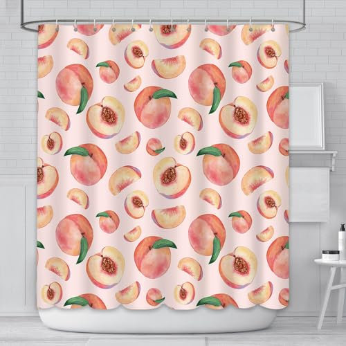 AIBIIN Duschvorhang, Motiv: Sommerfrucht, strapazierfähiges Polyester-Material mit 12 Haken, 180 x 180 cm, Rosa / Pfirsich
