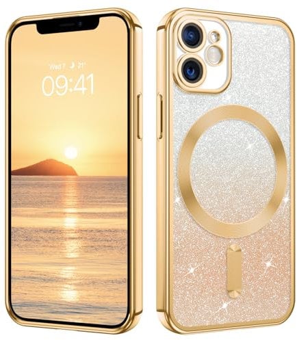 VENINGO for iPhone 12 Mini Case, Compatible with Magsafe Glitter Bling Sparkly TPU Bumper Shockproof Plating Edge Magnetic Cover Slim Girly Women Men Protective Phone Case for iPhone 12 Mini, Gold