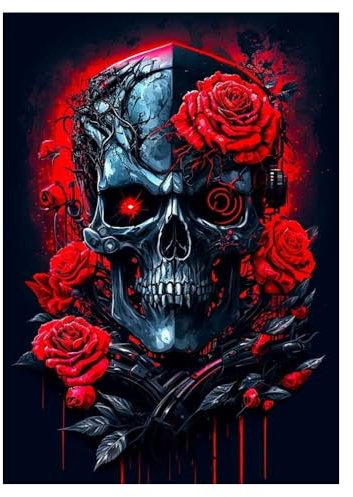 DCIDBEI 30x40CM 5D DIY Broderie Peinture Diamant Tête De Mort, Rond Diamond Painting Crâne aux Roses Tableau Strass Diamant Gothique, Artisanat Mosaïque Enfant Adultes Deco Halloween