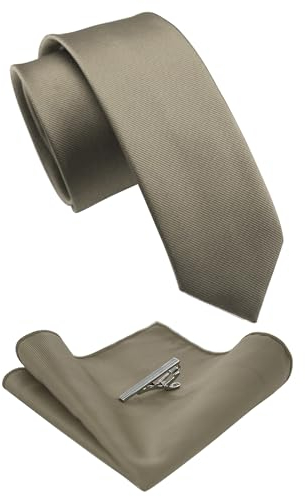 JEMYGINS Schmale Herren Krawatte und Einstecktuch krawattenklammer Set 6cm braun