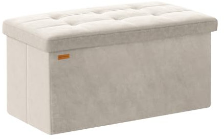 ABHENG Folding Storage Ottoman, Velvet Storage Bench, Footrest, Bed End Stool, Footstool, Removable Divider, for Living Room, Bedroom, 38 x 76 x 38 cm, 300 kg Load Capacity, Cream White ASND01W