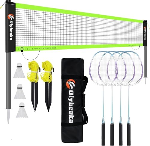 Olybeaka Baminton-Netz-Set für Garten, Strand, Familienspiele mit 6 x 90 cm langem Anti-Durchhängen Netz, 4 Aluminium-Badmintonschläger, 3 Federbälle, Tragetasche – einfach aufzubauen und tragbar