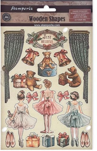 Stamperia - Coloured Wooden Shapes for Scrapbooks, Albums, Bullet Journals and More, Laser Cut, Printed for Enhanced Detail, Perfect for Crafts and Gifting (The Nutcracker, Ballet and Teddy) (A5)