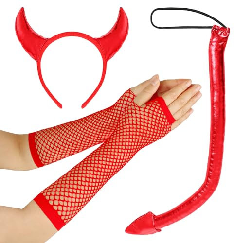 IHLOOTD Deguisement Halloween Femme Diable, 4 Pièces Accessoire Déguisement Halloween Corne de Diable Rouge Queue de Diable Gant Resille pour Cosplay, Mascarade, Carnaval (A)