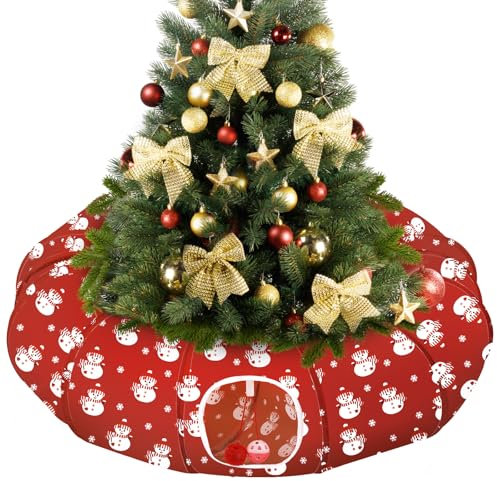 Pawaboo Katzentunnel Katzenbett, Faltbar Weihnachten Katzenspielzeug mit Zentraler Matte & Glockenball, Dekorativ Spieltunnel für Kaninchen Kätzchen Kleine und Mittelgroße Katzen, Roter Schneemann