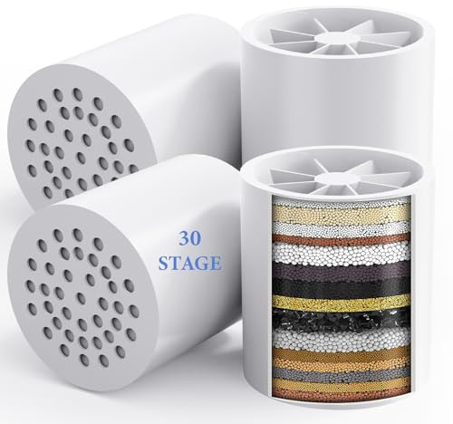 4 Filtre de Douche Chlore Éliminé, Filtre Anti Calcaire Douche, Adoucisseur d'Eau Dure, Améliore Peau et Cheveux, Installation Facile, Compatible Tuyau G1/2, Filtration Jusqu'à 100%