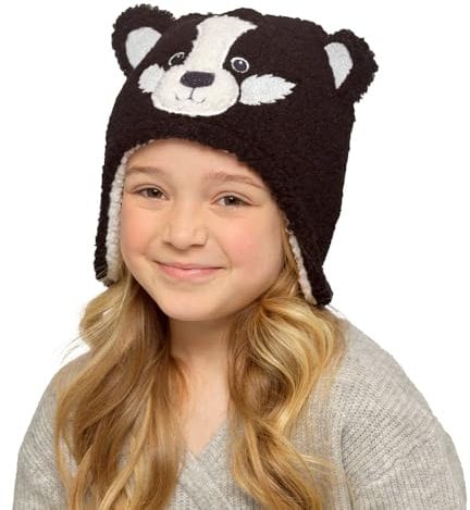 Wintermütze für Kinder, Jungen, Mädchen, Unisex, Tiermotiv, mit 3D-Ohren, Schwarzer Dachs, 6-9 Years