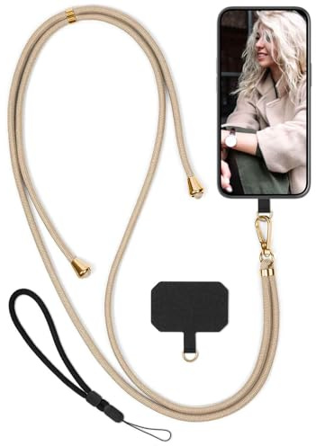 moex Unleash für Xiaomi 14T Pro Handyband zum Umhängen ohne Hülle, Handykette Universal mit Karabiner, Handy Band abnehmbar, Kette mit Pad für Handyhülle, Beige, Gold