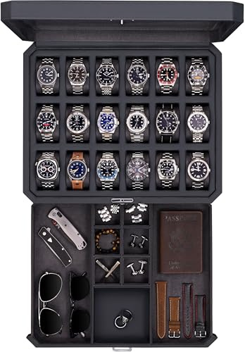 ROTHWELL Boîtier de montre à 18 emplacements avec tiroir - Boîte à montres de luxe pour homme, dessus en verre véritable, verrouillable, vitrine pour collections (carbone)