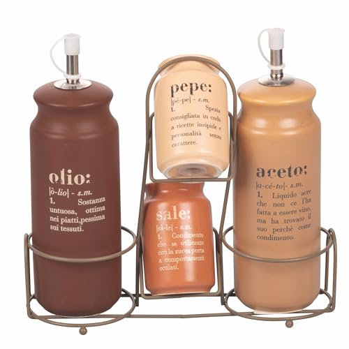 Villa d'Este Home Tivoli Set olio, aceto, sale e pepe in gres, stand in acciaio inox, chocolate, Victionary