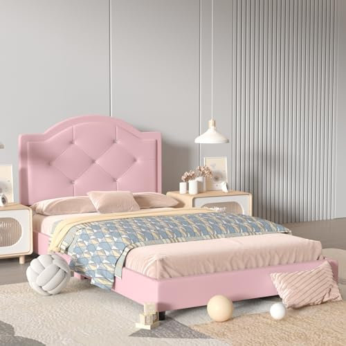 DGBAOBEI Kids Bed Frame, PVC Leather Single Children's Toddler Bed with Solid Wood Modern Single Size Bed for Kids(Pink)