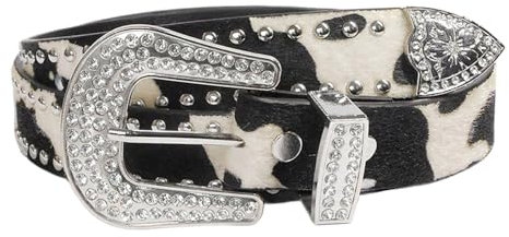 uikios Glitzer-Gürtel, Jeans-Bund, Punk-Nieten, Nietengürtel, Kuh-Muster, Bund für Straßenspieler, Club, Party, Schwarzes Kuhmuster, 112*2.7cm
