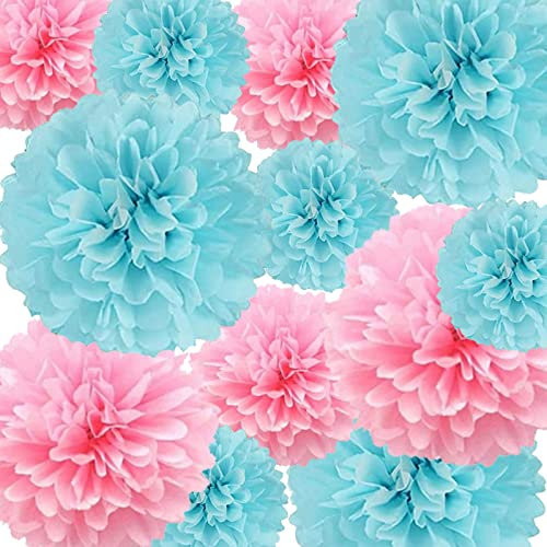 Pompons Papier de Soie,12 Pièces Papier Fleur Pompon Rose, Bleu,pour fête décoration, Plafond, Mur,Mariage, décoration de fête d'anniversaire