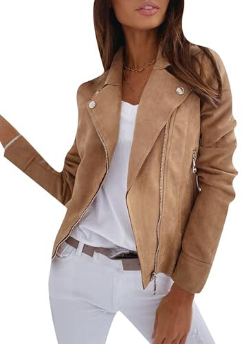 YMING Donne Giacca A Maniche Lunghe Di Colore Solido Giacca Morbida Camoscio Casual Come Giacca Alla Moda Marrone M