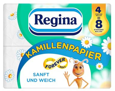 Regina Kamillenpapier 4=8 Forever Roll Toilettenpapier – 3-lagig, 4 Maxi-Rollen Packung, 300 Blatt pro Rolle, Sanft und Weich mit Kamillenduft aus FSC-zertifiziertem Papier