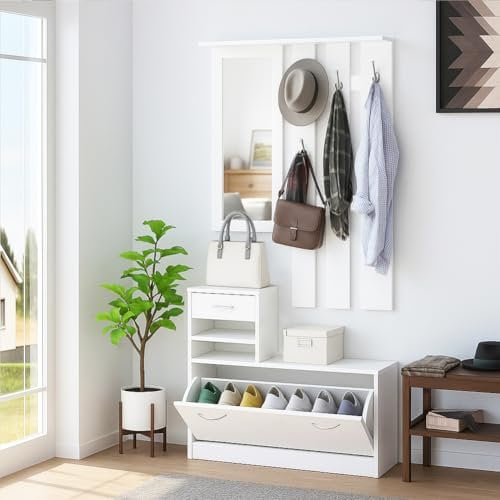 BAKAJI Set Mobili Ingresso Design Moderno con Scarpiera Panca Cassetto Specchio Rettangolare e Appendiabiti Attaccapanni 6 Ganci da Parete Casa Design Moderno in Legno (Bianco)