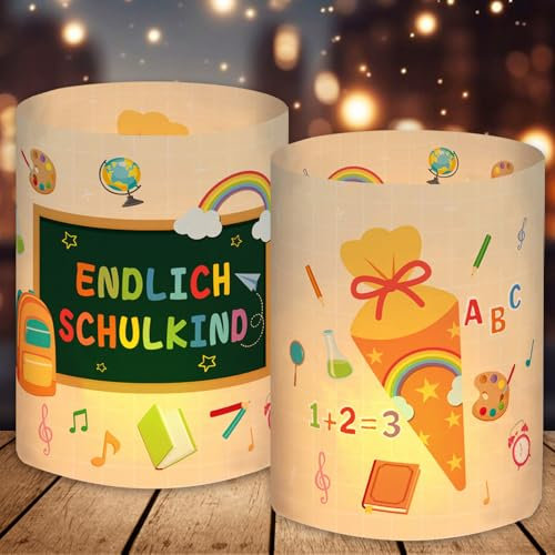 12 Windlicht Tischdeko, Einschulung Deko Mädchen, Schulanfang Jungen, Endlich Schulkind 2025, Schuleinführung Einschulungsdeko Geschenk, Geeignet für Teelichter oder Kerzen