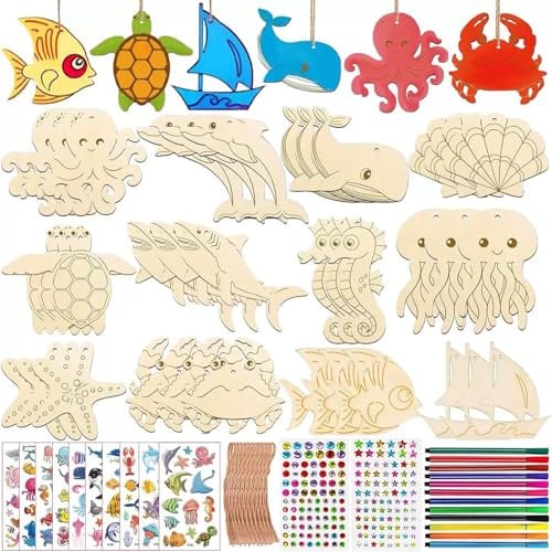 Barlone 60 Stück Bastelsets für Kinder, DIY Holz Bemalen Kinder Meerestiere, Holzanhänger zum Bemalen, Binder Bastelset mit Aquarellstift, Edelsteinaufkleber, Deko Schnur, Basteln Kindergeburtstag