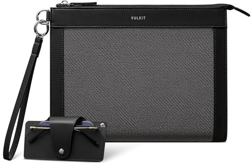 VULKIT Clutch-Tasche für Herren mit abnehmbarem Brillenetui, großes Herren-Handgelenkband, Business-Handtasche, Dunkelgrau Schwarz