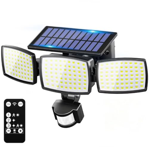 Lampe de sécurité solaire d'extérieur 189 LED 1200 lm, 3 modes, lampes solaires d'extérieur avec télécommande, 3 têtes, détecteur de mouvement, projecteur solaire d'extérieur IP65 pour cour, garage 1P